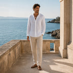 Galdane white linen shirt styled by the coast