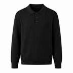 Galrino black rib-knit long-sleeve polo, front studio view