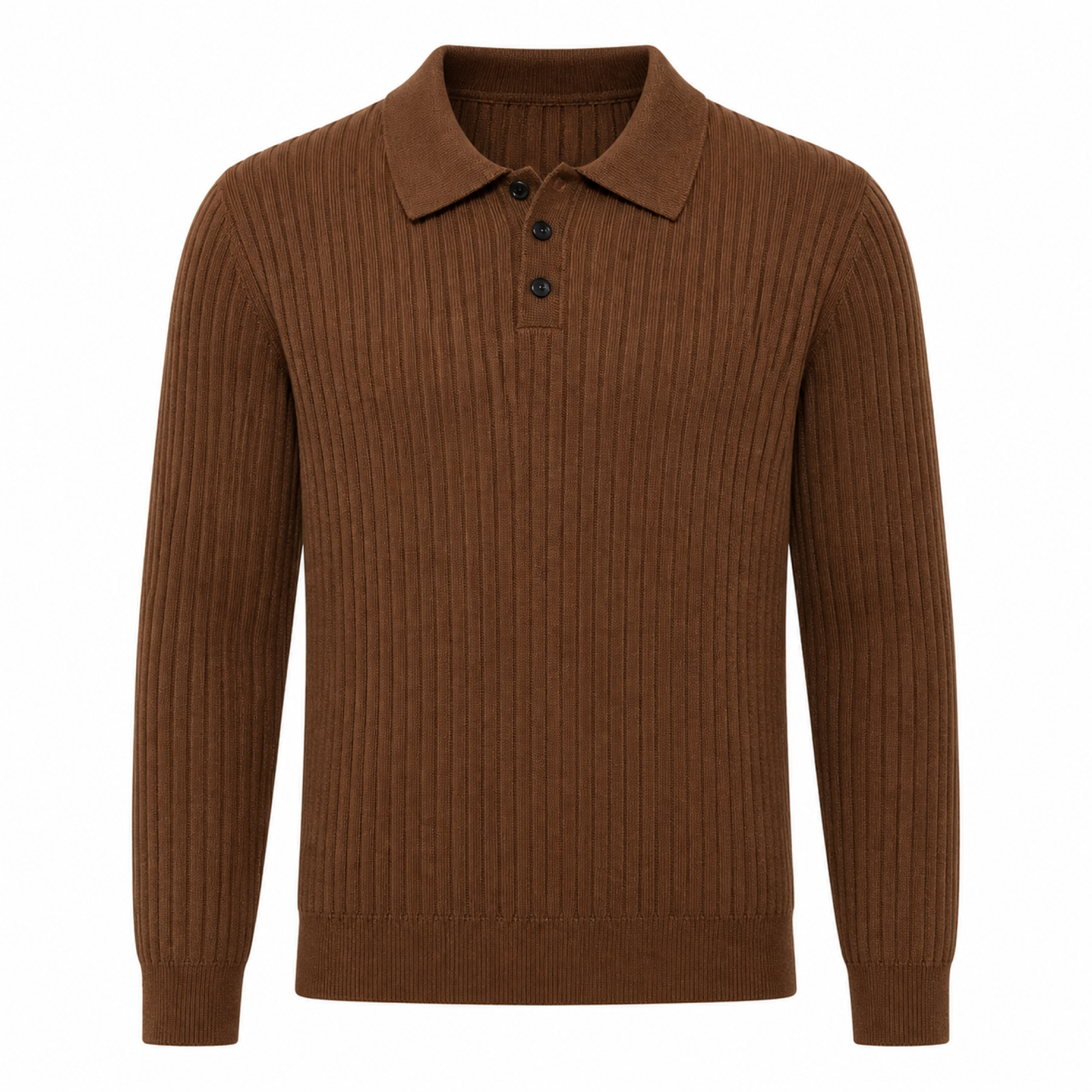 Galrino brown rib-knit long-sleeve polo, front studio view