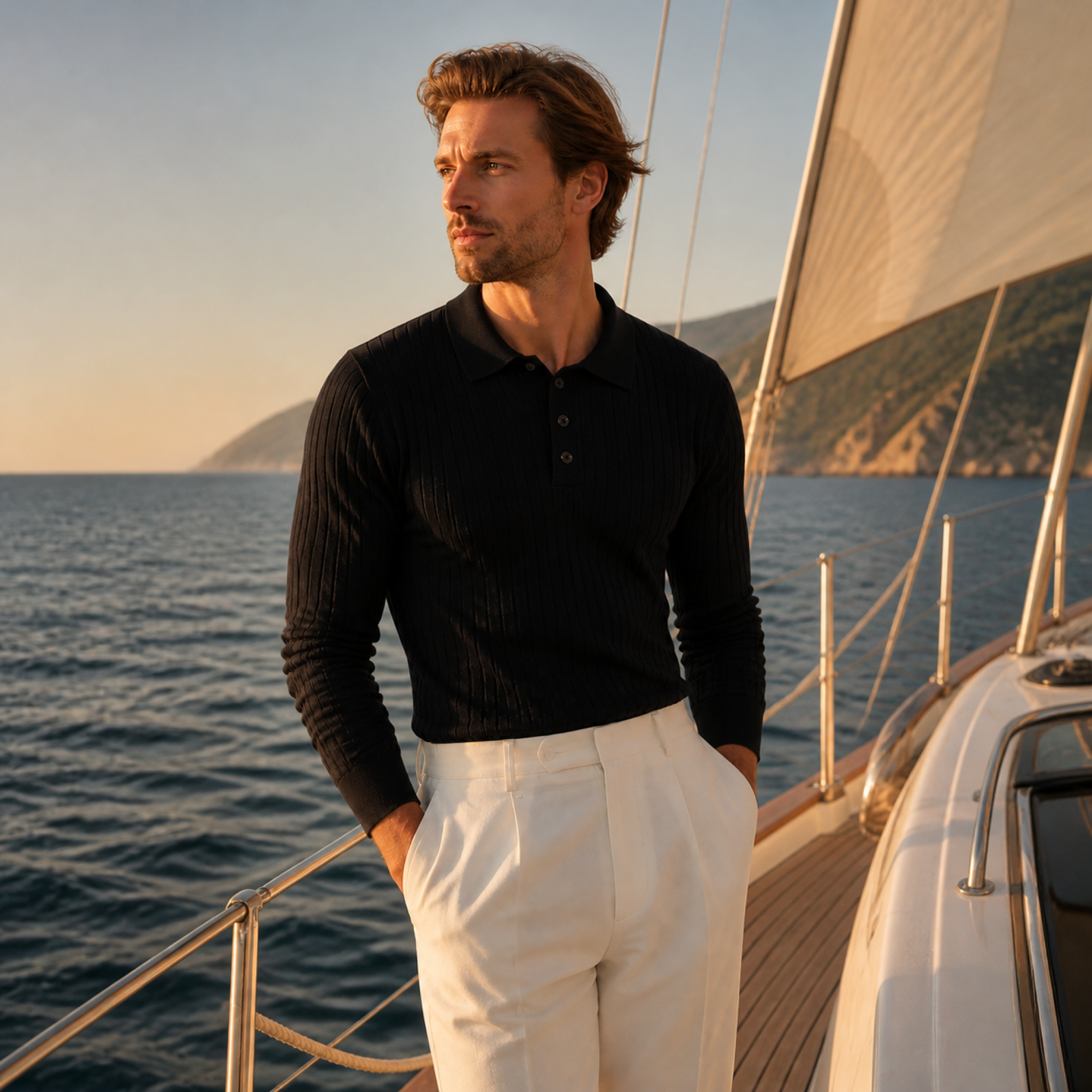 Man wearing black Galrino polo aboard a sailing yacht