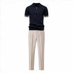 Galsaro men's navy half-zip polo and beige tailored trousers set – studio front