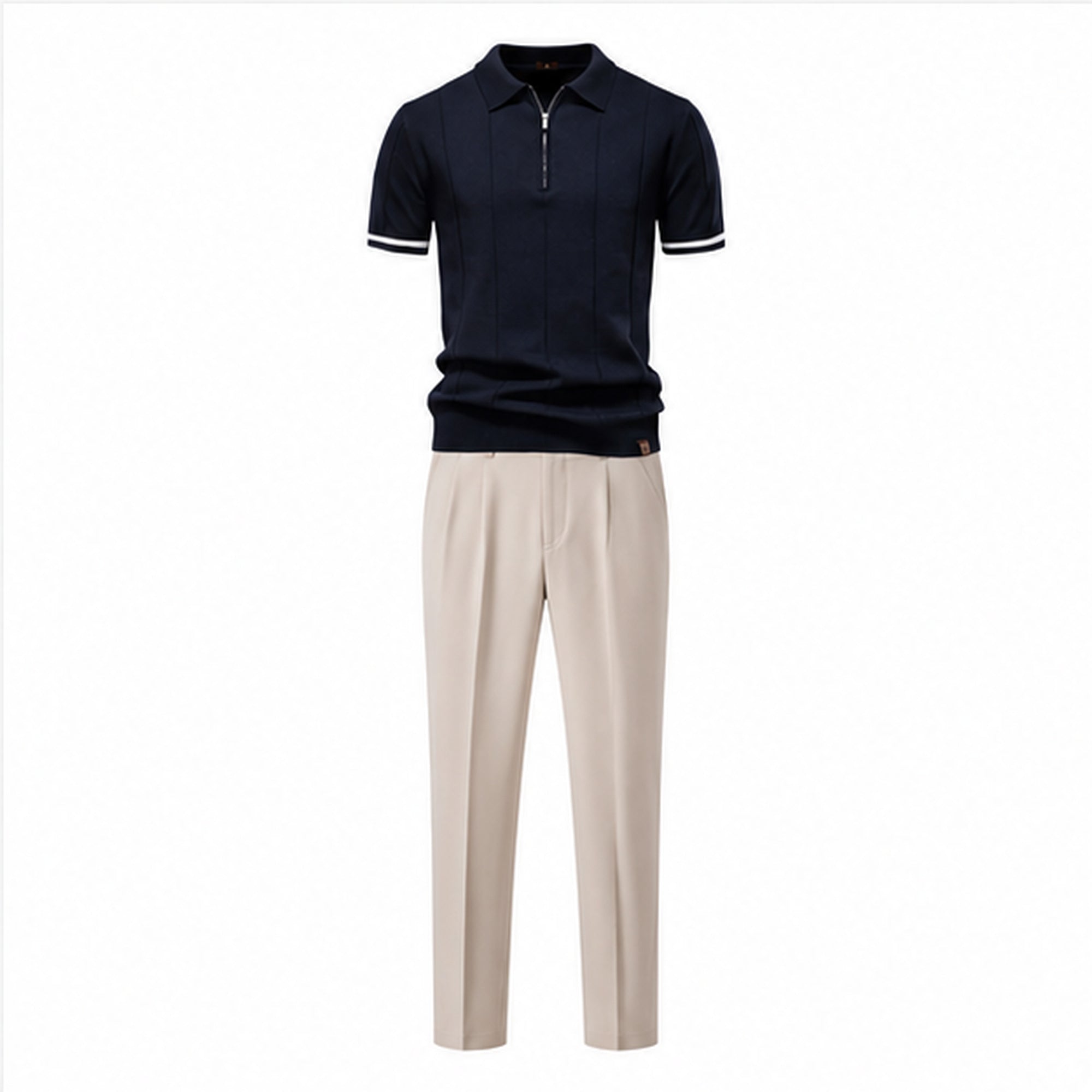 Galsaro men's navy half-zip polo and beige tailored trousers set – studio front