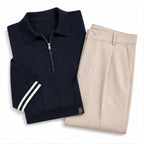 Galsaro half-zip knit polo and tailored trousers – flat lay details