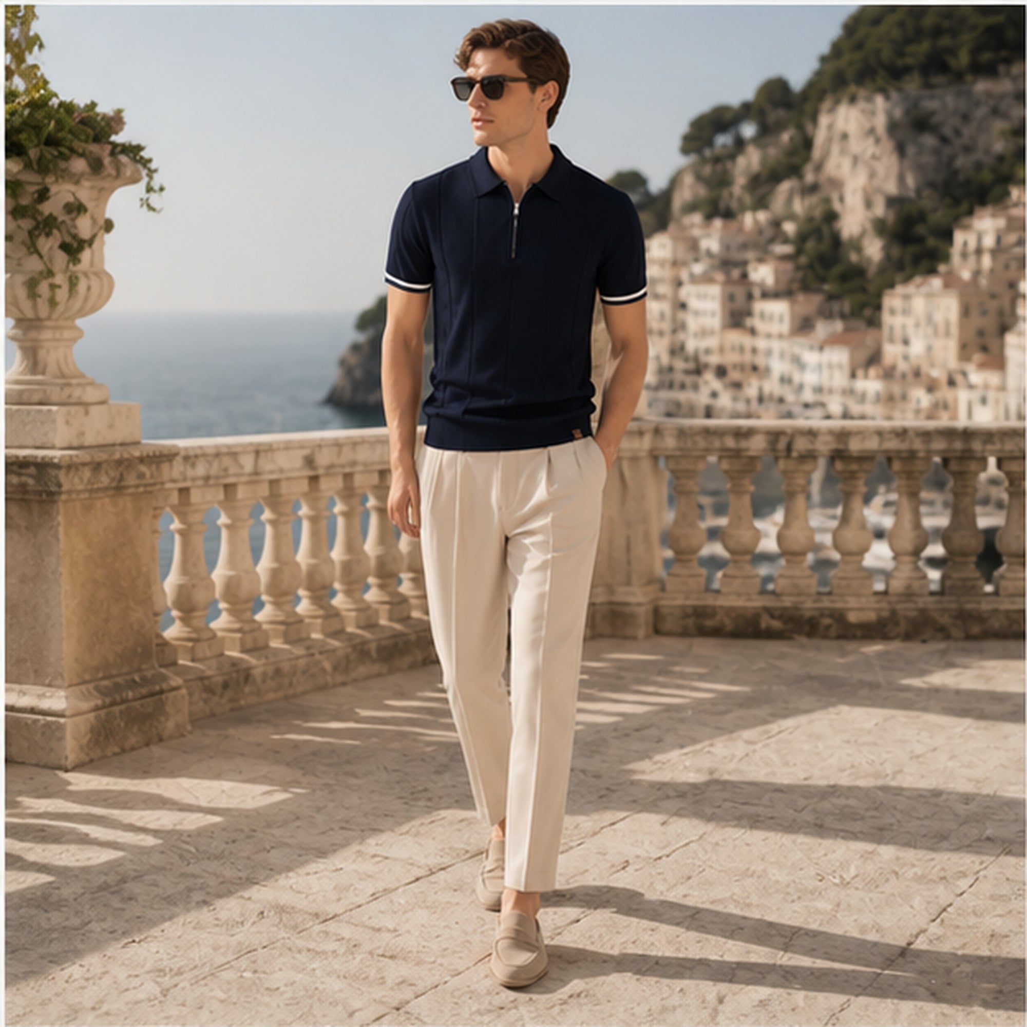 Galsaro men's Riviera outfit set on Mediterranean terrace
