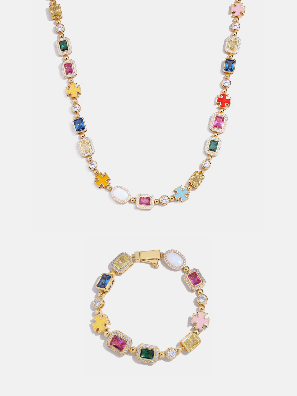 Bruce & Co Multicolor Geometric Necklace and Bracelet Set, 18K Gold-Plated Steel