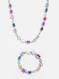Bruce & Co Multicolor Geometric Necklace and Bracelet Set, White-Gold-Plated Steel