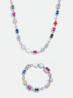 Bruce & Co Multicolor Geometric Necklace and Bracelet Set, White-Gold-Plated Steel