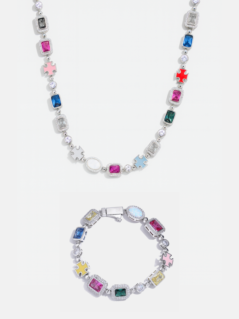 Bruce & Co Multicolor Geometric Necklace and Bracelet Set, White-Gold-Plated Steel
