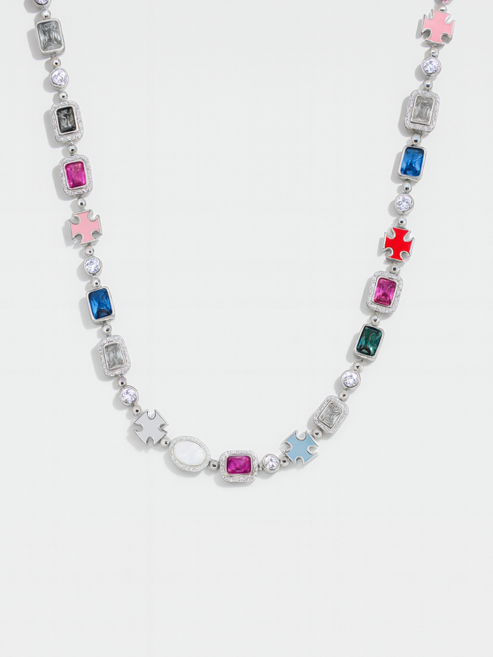 Bruce & Co Multicolor Geometric Necklace and Bracelet Set, White-Gold-Plated Steel