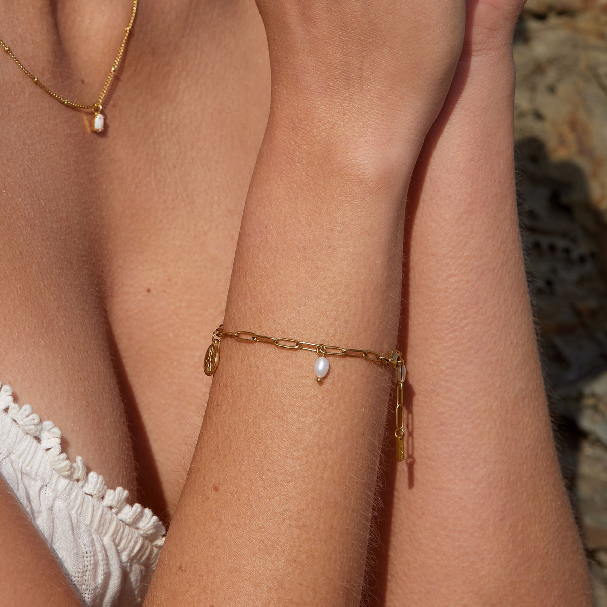Bruce & Co Sun Charm and Freshwater Pearl Paperclip Bracelet