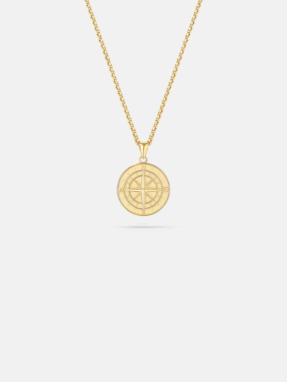 Bruce & Co Men’s Compass Pendant Necklace, 14K Gold-Plated Steel