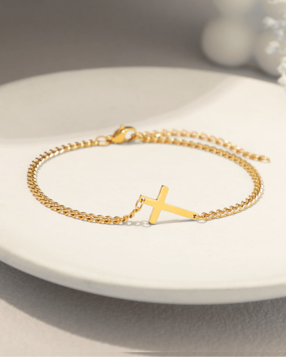 Bruce & Co Men’s Cuban Chain Cross Bracelet, 3 mm, 14K Gold-Plated Steel