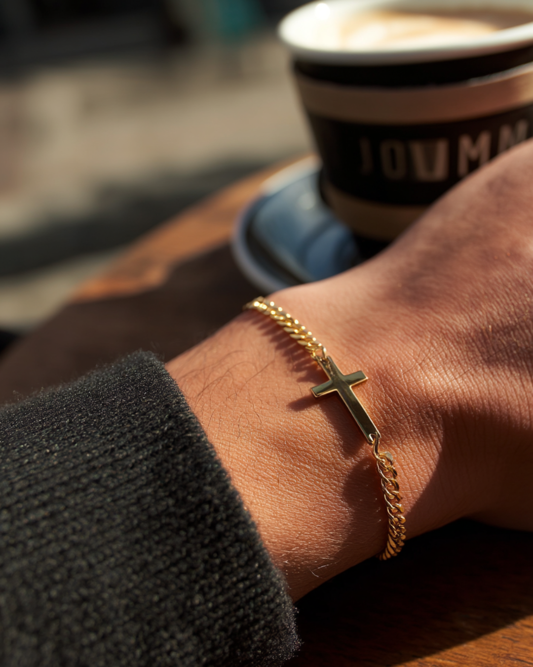 Bruce & Co Men’s Cuban Chain Cross Bracelet, 3 mm, 14K Gold-Plated Steel