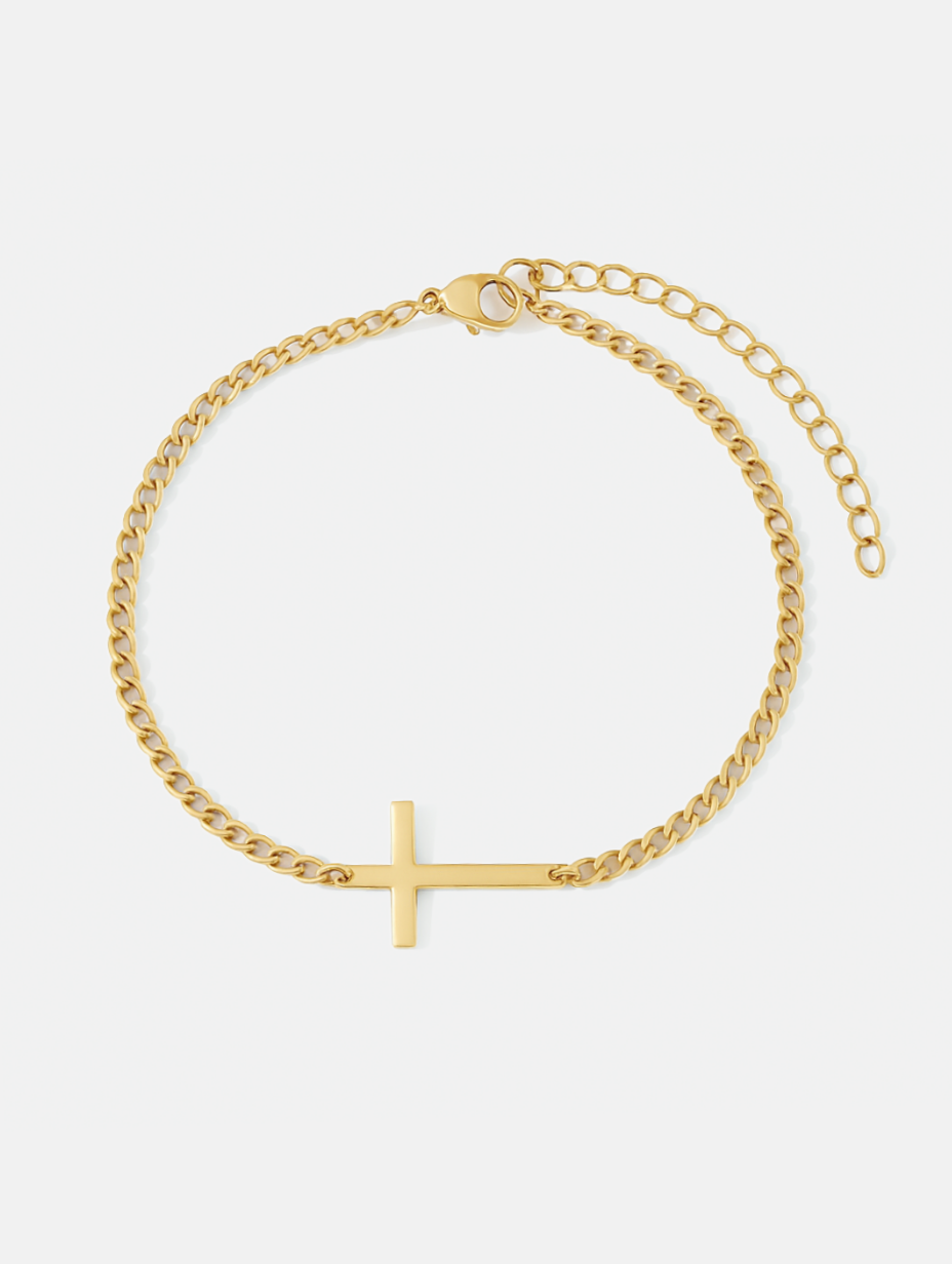 Bruce & Co Men’s Cuban Chain Cross Bracelet, 3 mm, 14K Gold-Plated Steel