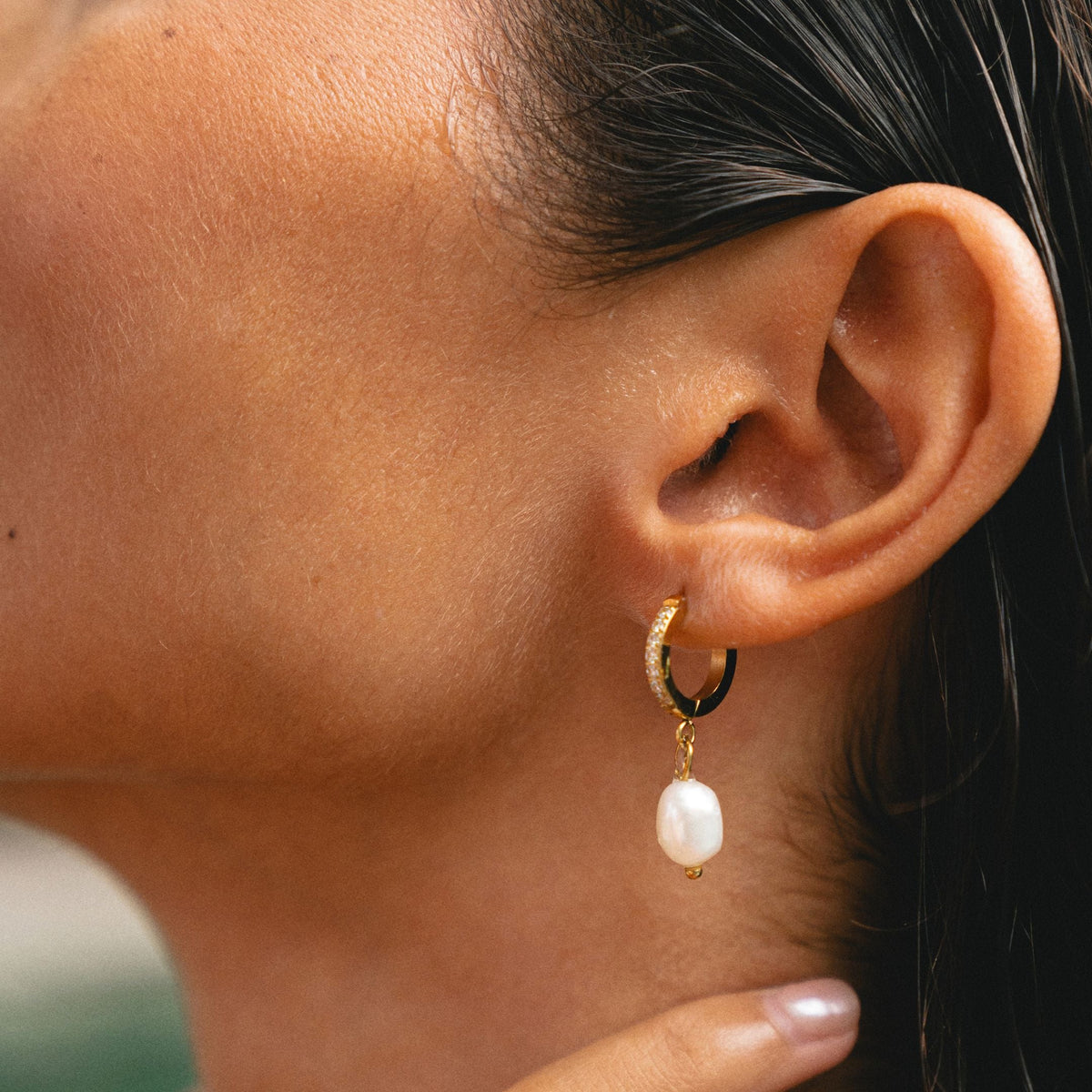 Freshwater Pearl Drop Hoop Earrings, 13 mm