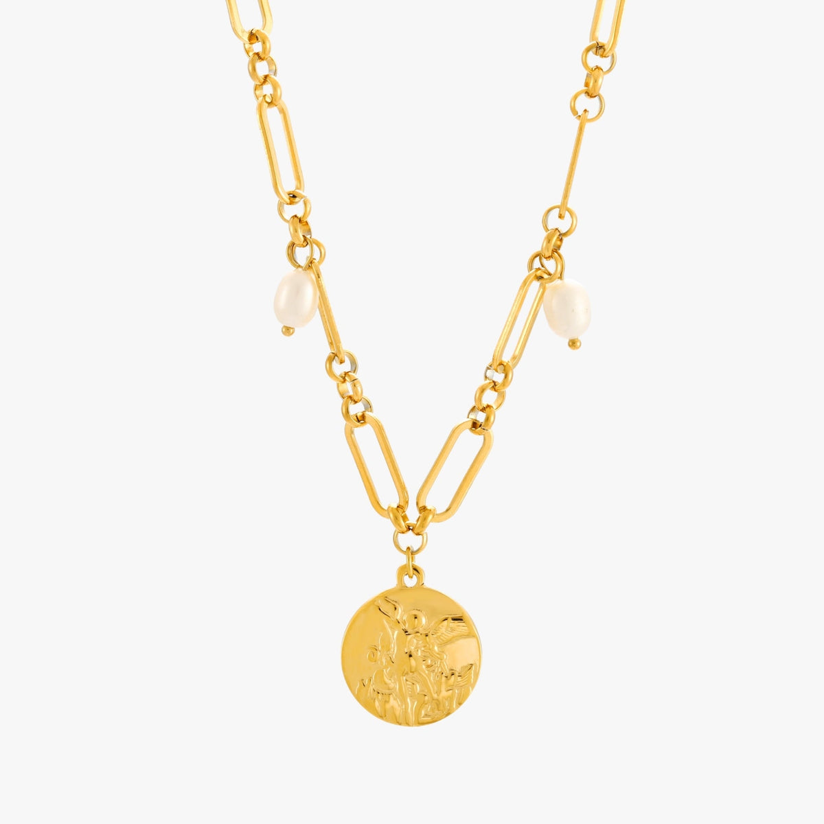 Bruce & Co Elysia – Angel Coin and Pearl Link Necklace