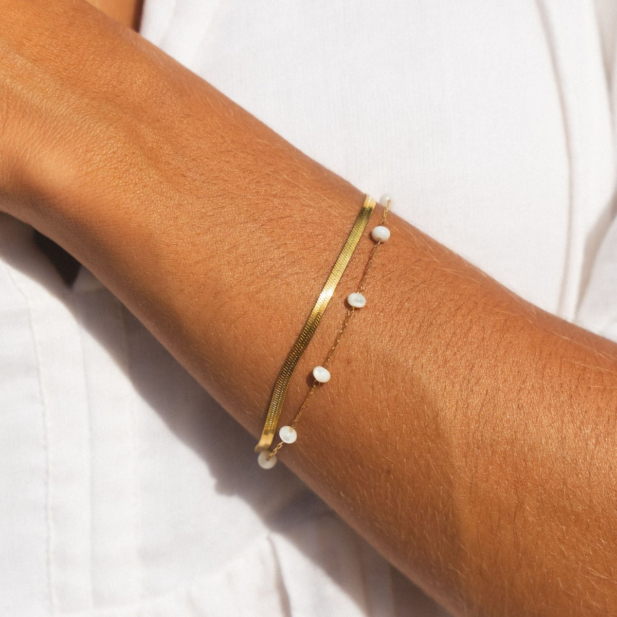Bruce & Co Santorini – Herringbone and Pearl Layered Bracelet