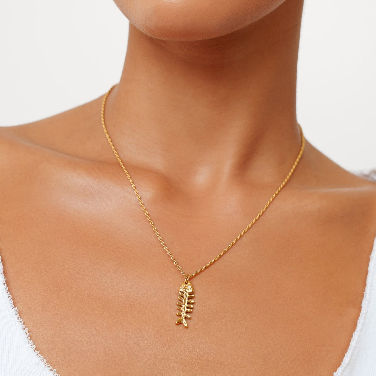 Bruce & Co Fishbone Pendant Rope Chain Necklace, Gold PVD Steel