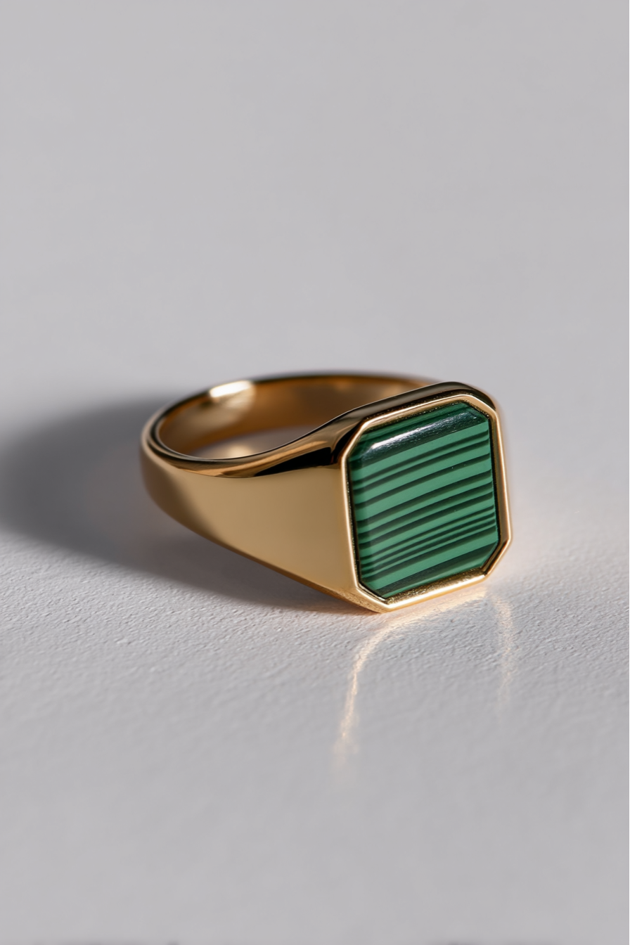 Bruce & Co Malachio – Men’s Green Malachite Signet Ring, Gold-Plated Steel
