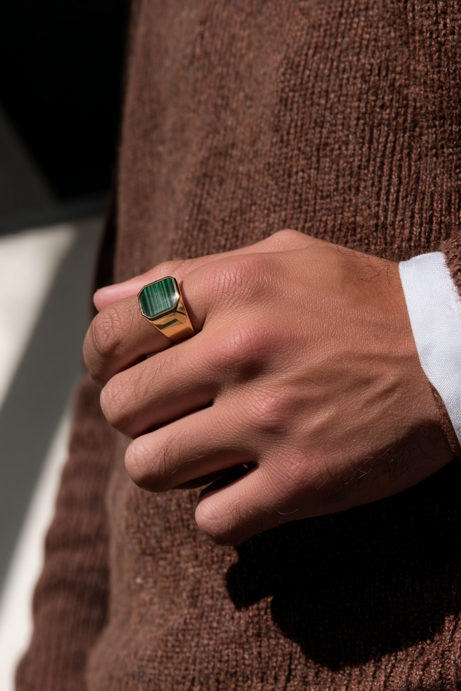 Bruce & Co Malachio – Men’s Green Malachite Signet Ring, Gold-Plated Steel