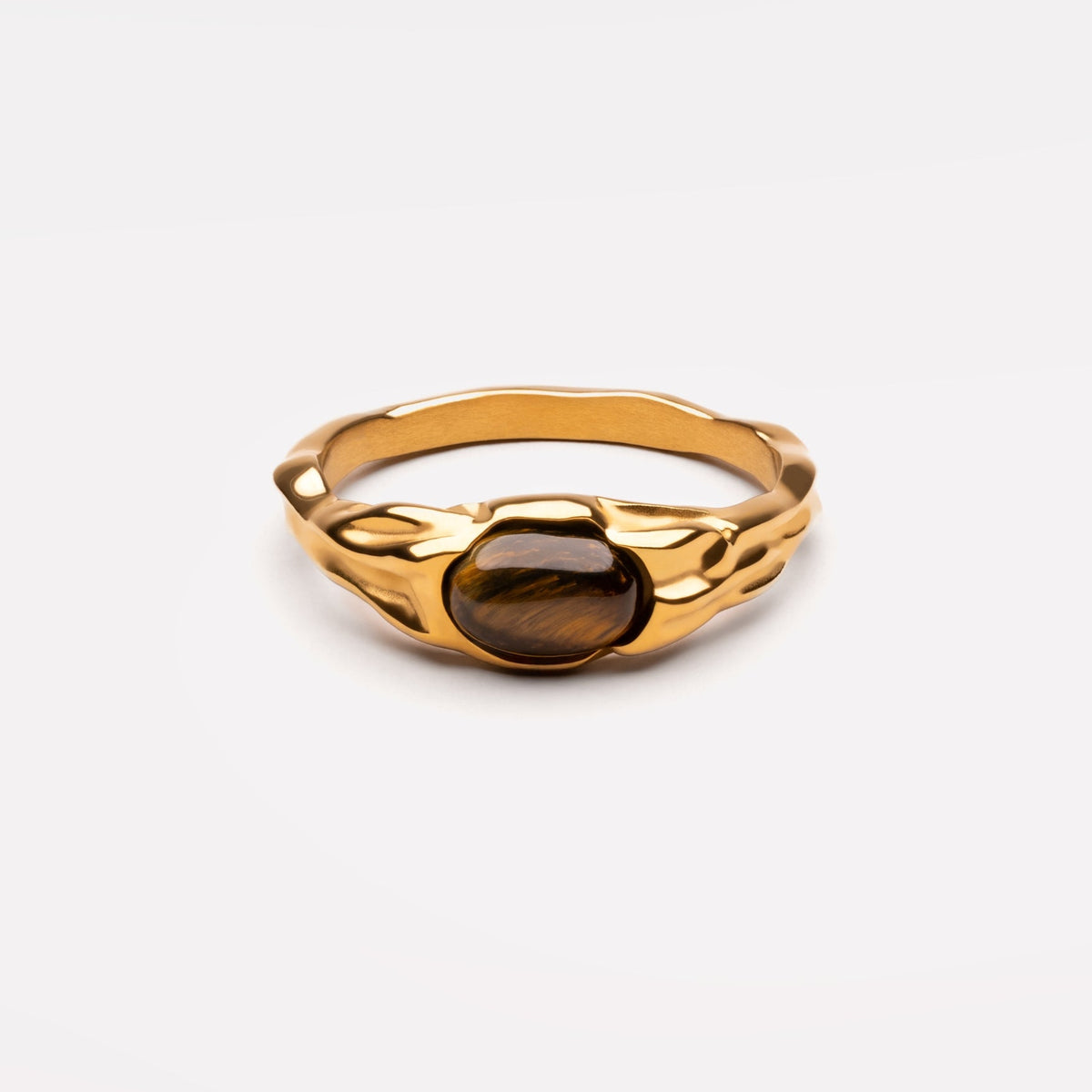 Bruce & Co Oval Tiger Eye Ring, Sculpted Steel Band