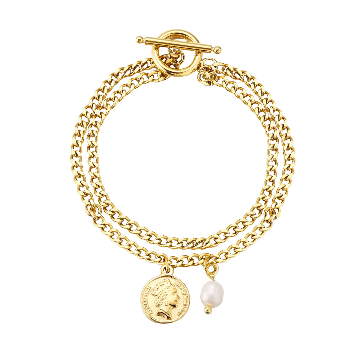 Bruce & Co Señora – Double Chain Coin and Freshwater Pearl Bracelet