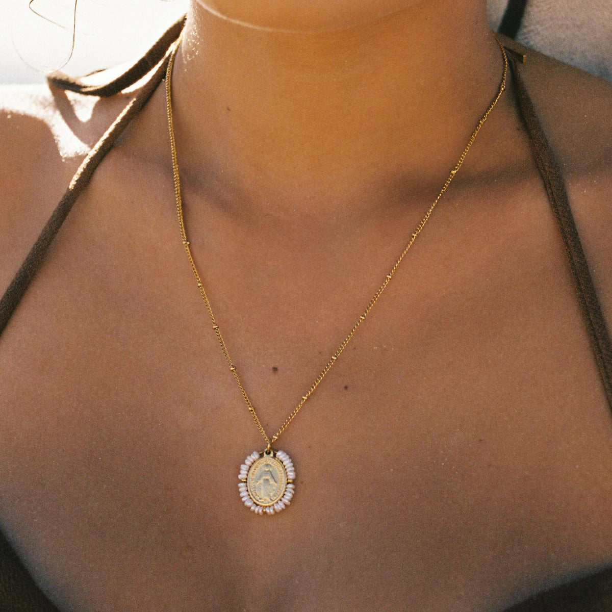 Bruce & Co Grace – Virgin Mary Pearl Medallion Necklace