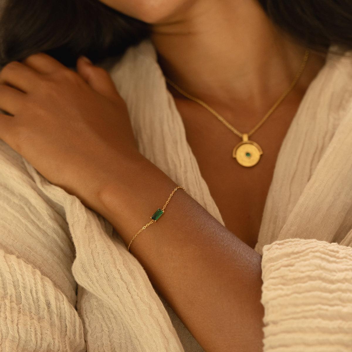 Bruce & Co Emerald-Cut Green Stone Chain Bracelet