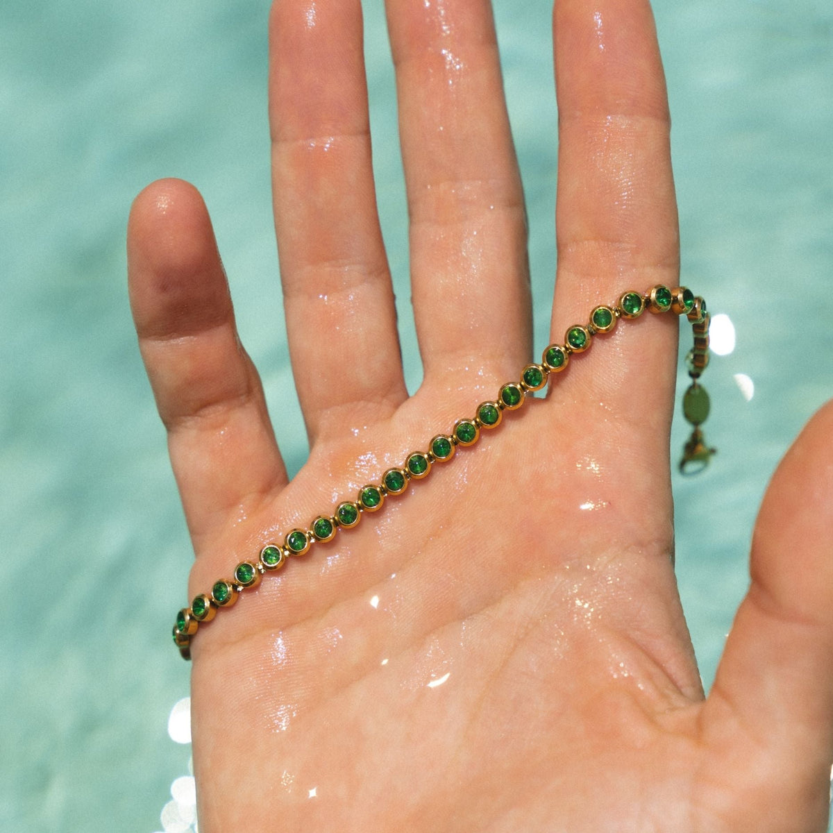 Bruce & Co Green Bezel-Set Tennis Bracelet, Adjustable Steel Chain