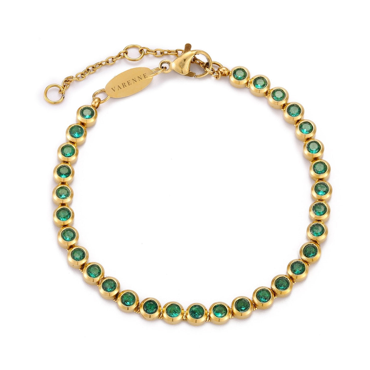Bruce & Co Green Bezel-Set Tennis Bracelet, Adjustable Steel Chain