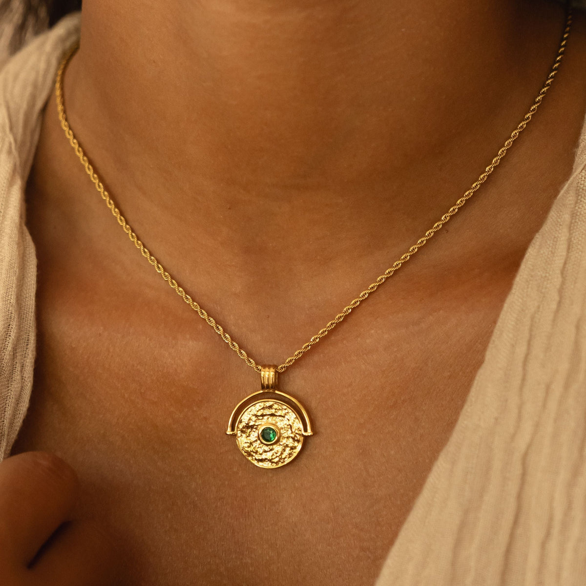 Bruce & Co Gaia – Green Stone Coin Pendant Necklace