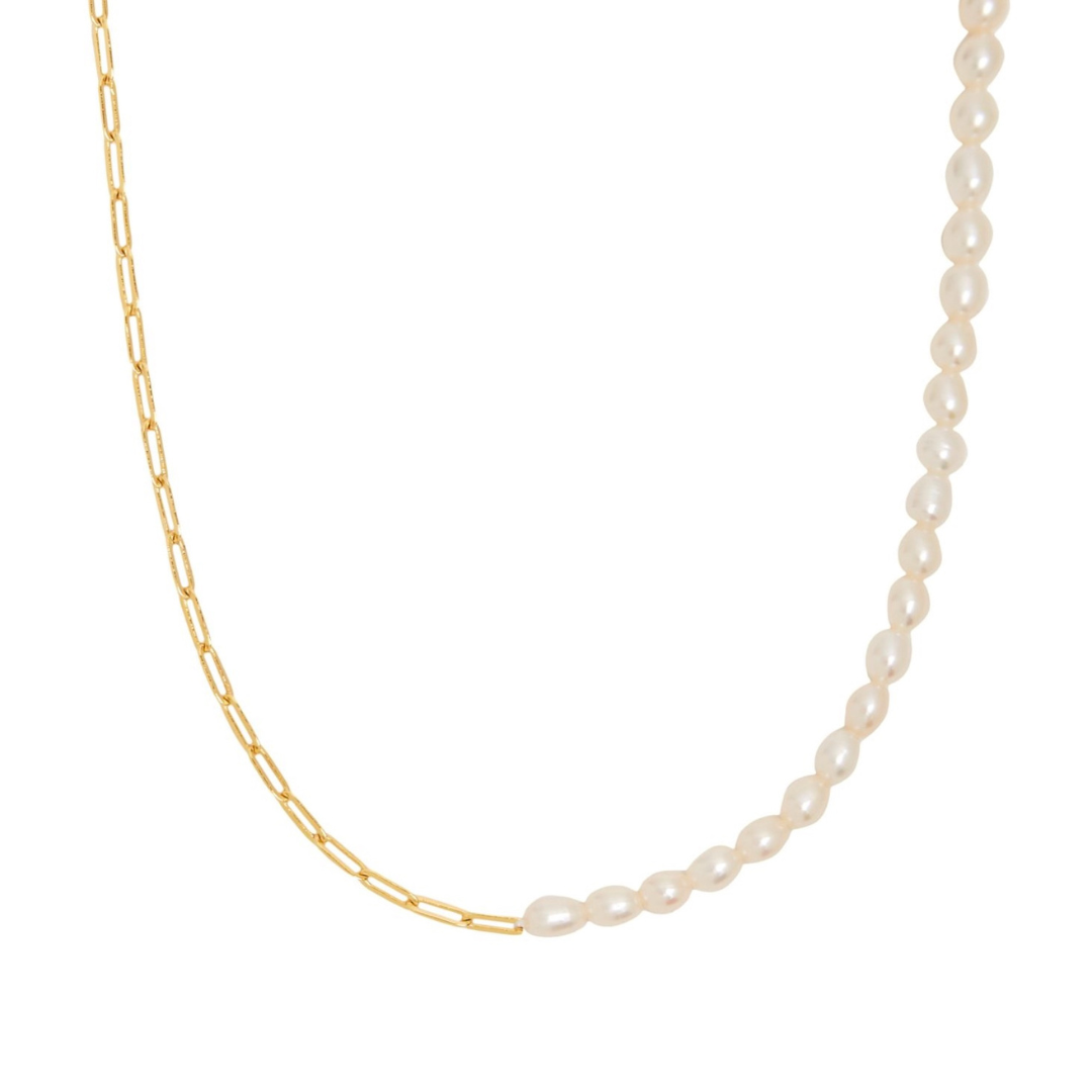 Bruce & Co Mykonos – Half Pearl and Paperclip Necklace, 39 cm