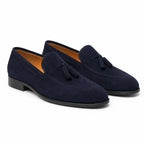 Harnor navy suede tassel loafers, studio pair view