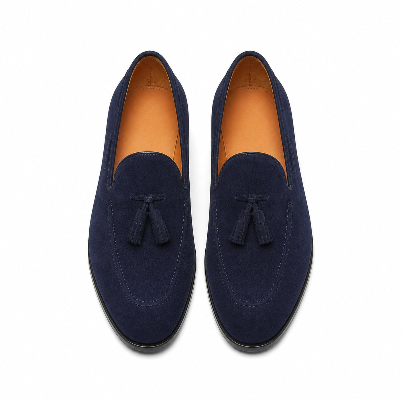 Harnor navy suede tassel loafers, top studio view