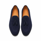 Harnor navy suede tassel loafers, top studio view