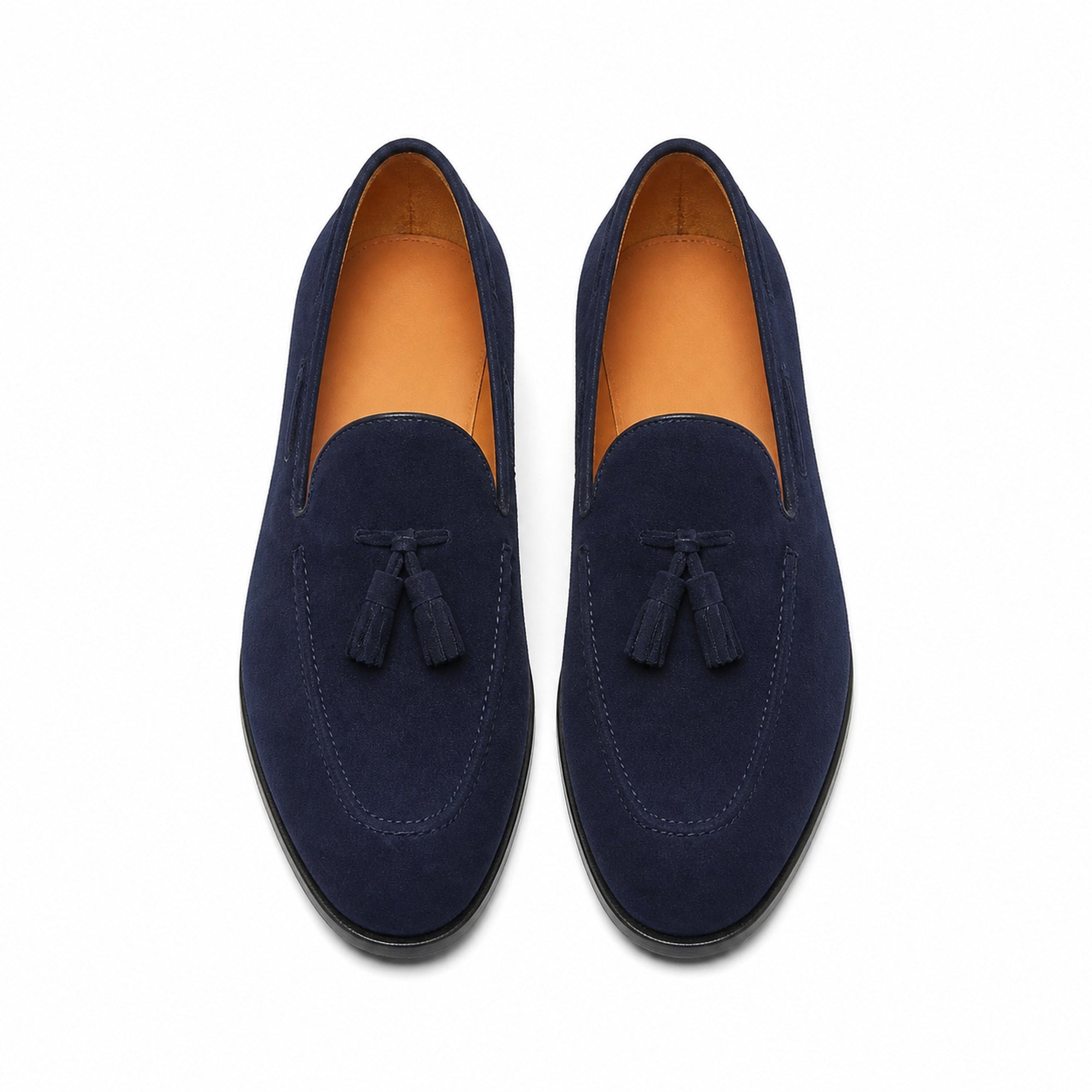 Harnor navy suede tassel loafers, top studio view