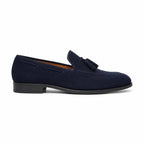 Harnor navy suede tassel loafer, side studio view