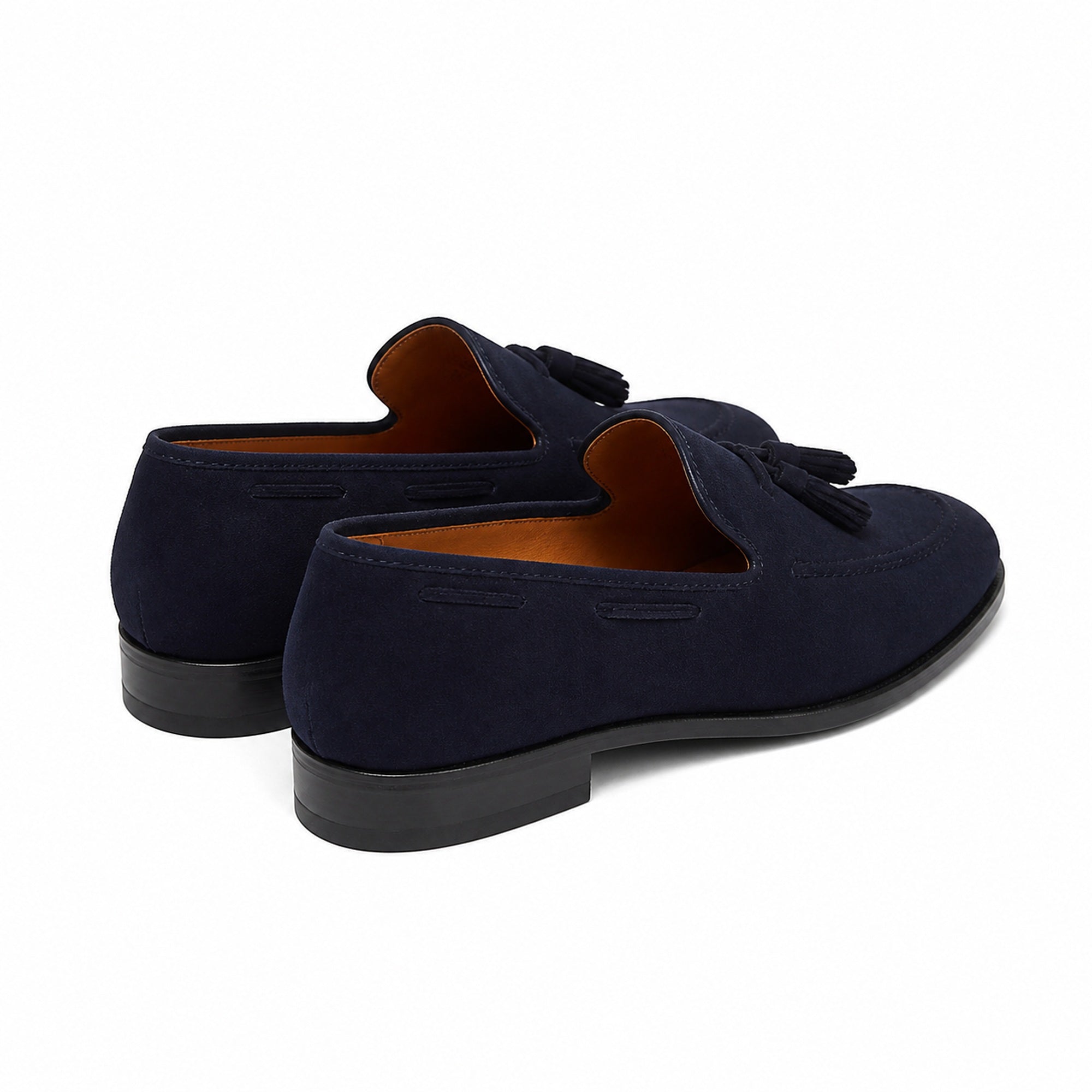 Harnor navy suede tassel loafers, rear studio view