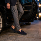 Harnor navy suede loafers styled for a city evening