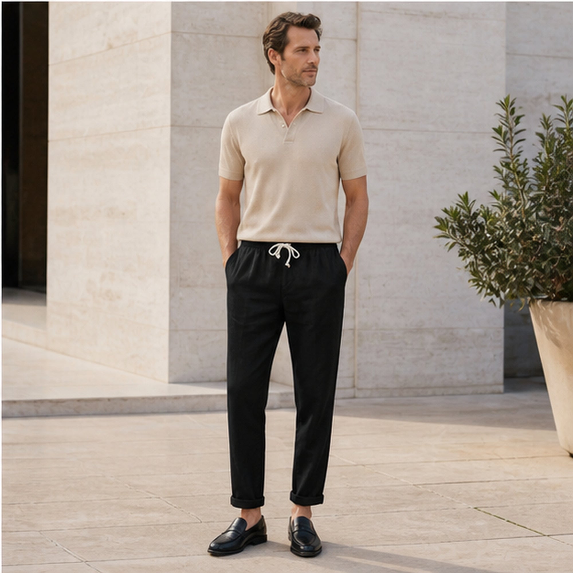 Harrino black linen-cotton trousers in limestone courtyard