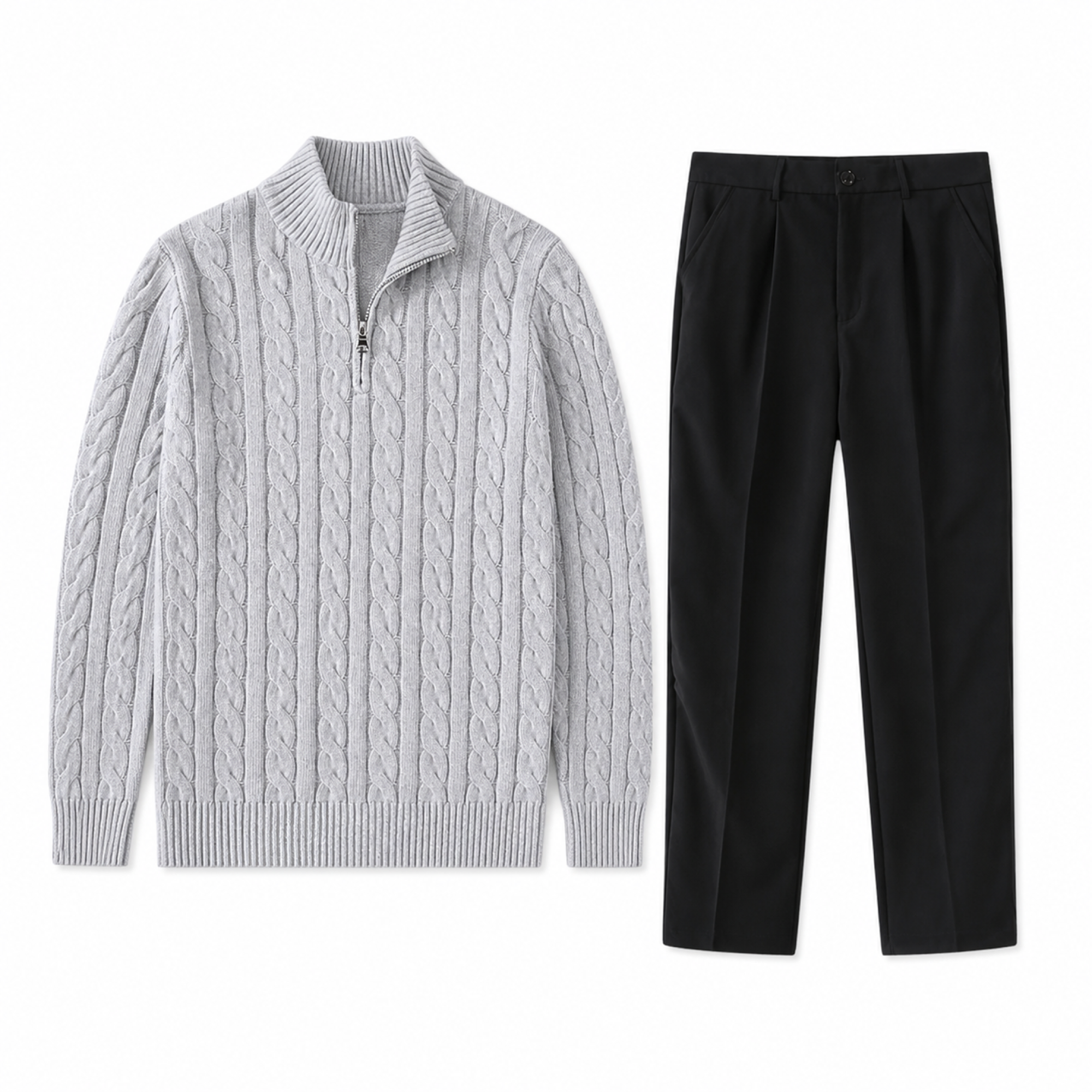 Harvento men's smart-casual set in light grey and black, front studio view