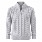 Harvento light grey cable-knit quarter-zip sweater, front studio view