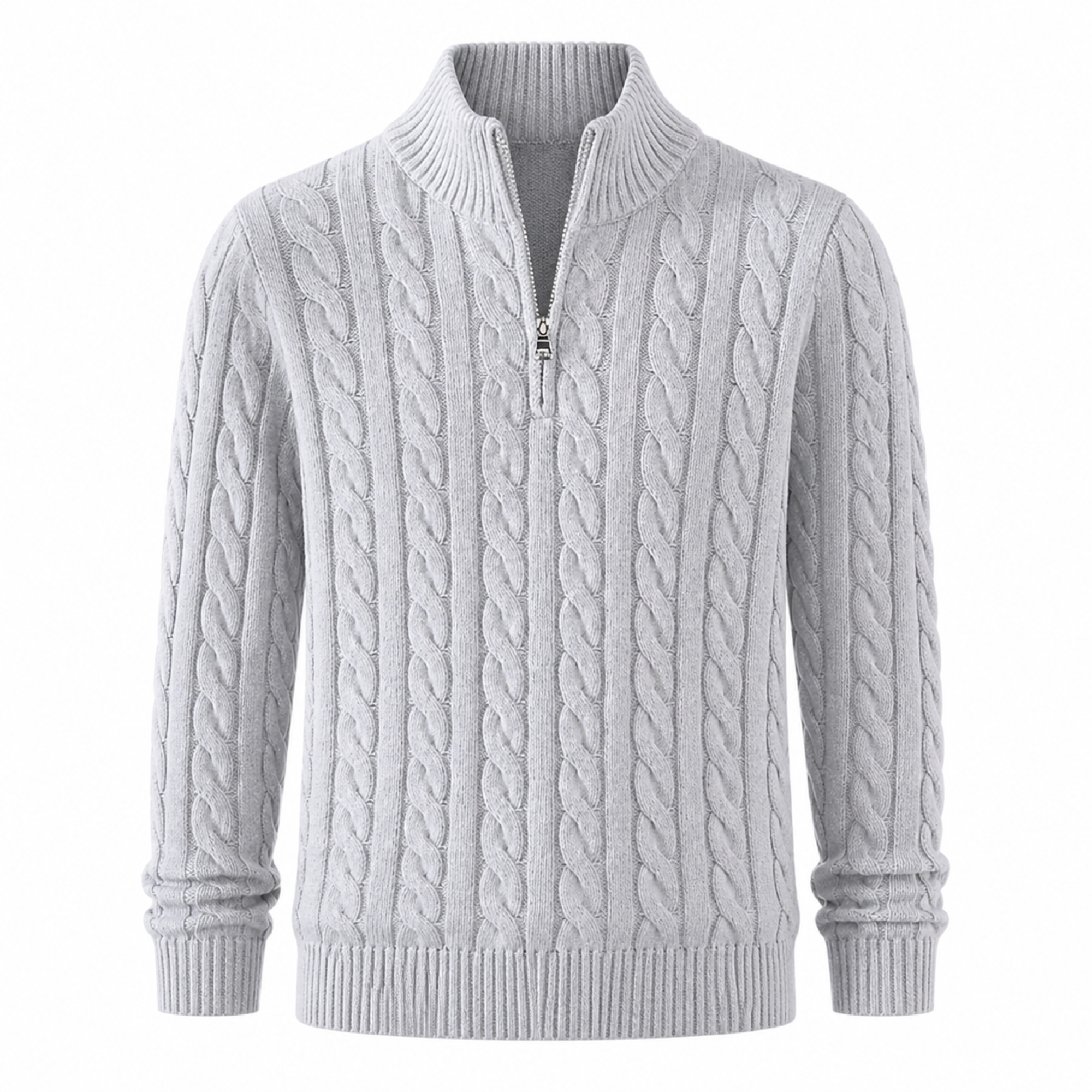 Harvento light grey cable-knit quarter-zip sweater, front studio view