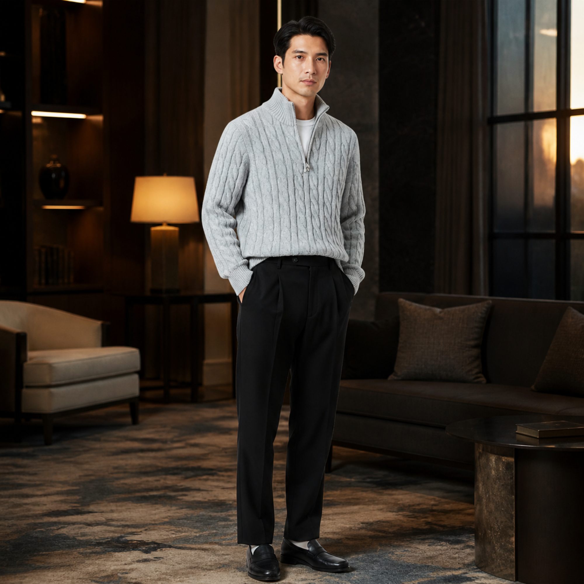 Harvento smart-casual set styled in an evening lounge