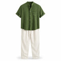 Ivelian green shirt and off-white trousers outfit set, front studio view