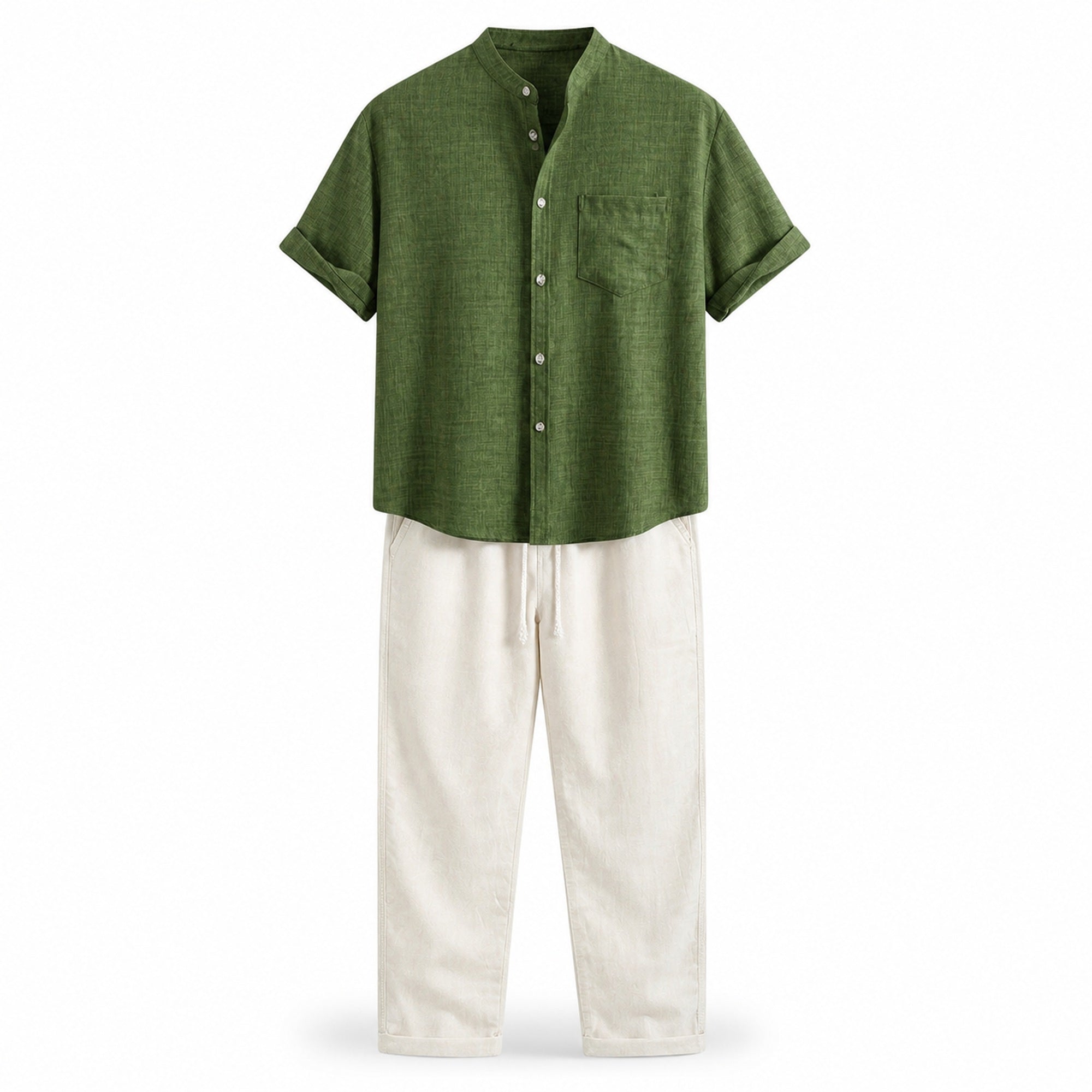 Ivelian green shirt and off-white trousers outfit set, front studio view