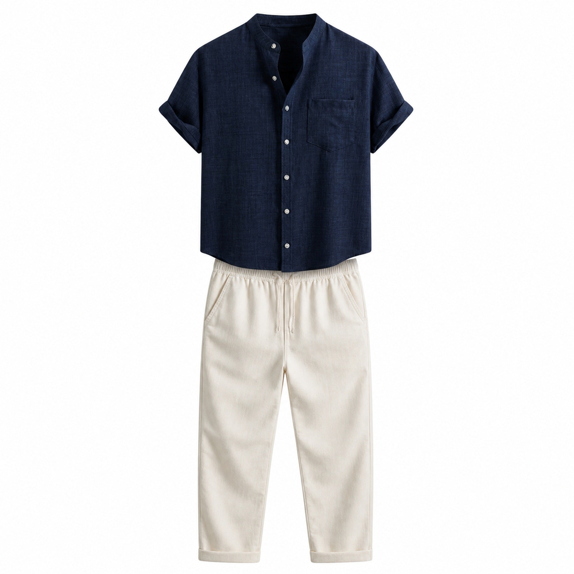 Ivelian navy shirt and off-white trousers outfit set, front studio view