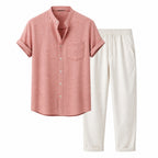 Ivelian pink shirt and off-white trousers outfit set, front studio view