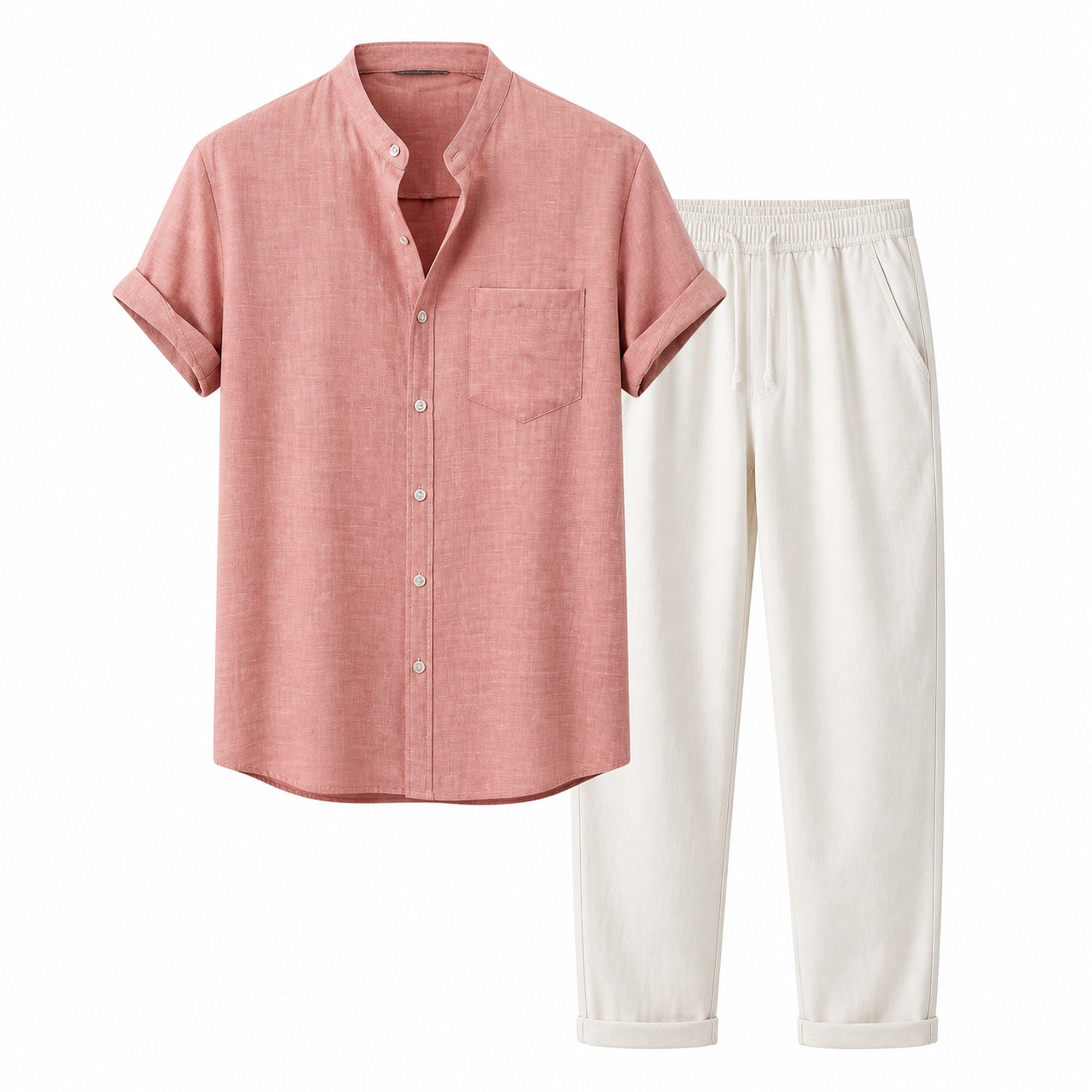 Ivelian pink shirt and off-white trousers outfit set, front studio view