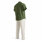 Ivelian green shirt and off-white trousers outfit set, rear studio view